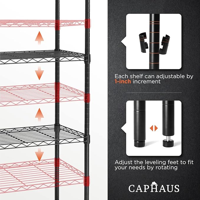 CAPHAUS 4-Tier Adjustable Height Wire Shelving Unit, Wire Rack Shelving, Metal Steel Storage Shelves, Garage Shelving Storage Organizer, Utility Storage Shelf, Without Wheels, Black
