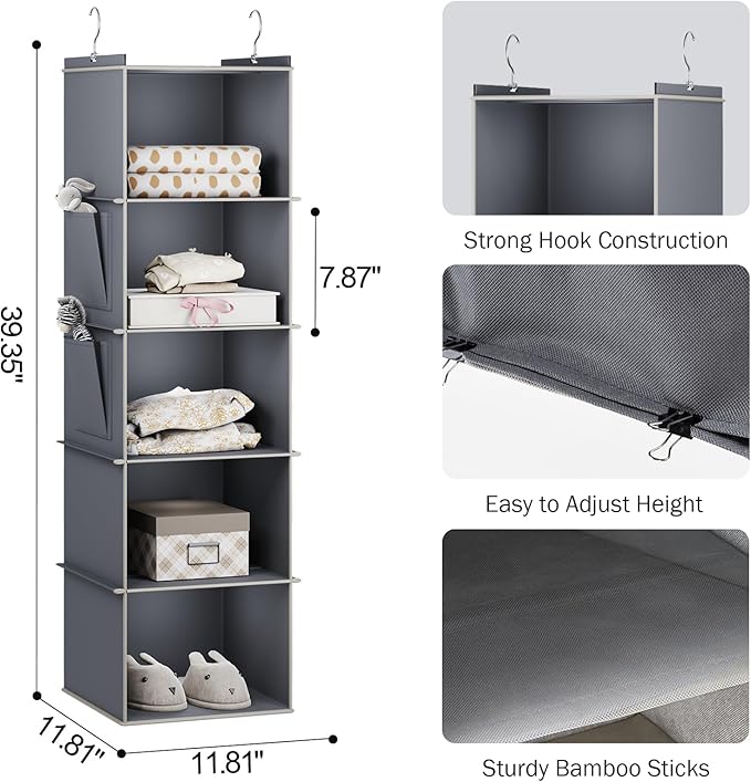 Hanging Closet Organizer, 5-Shelf Closet Hanging Storage Shelves, Grey