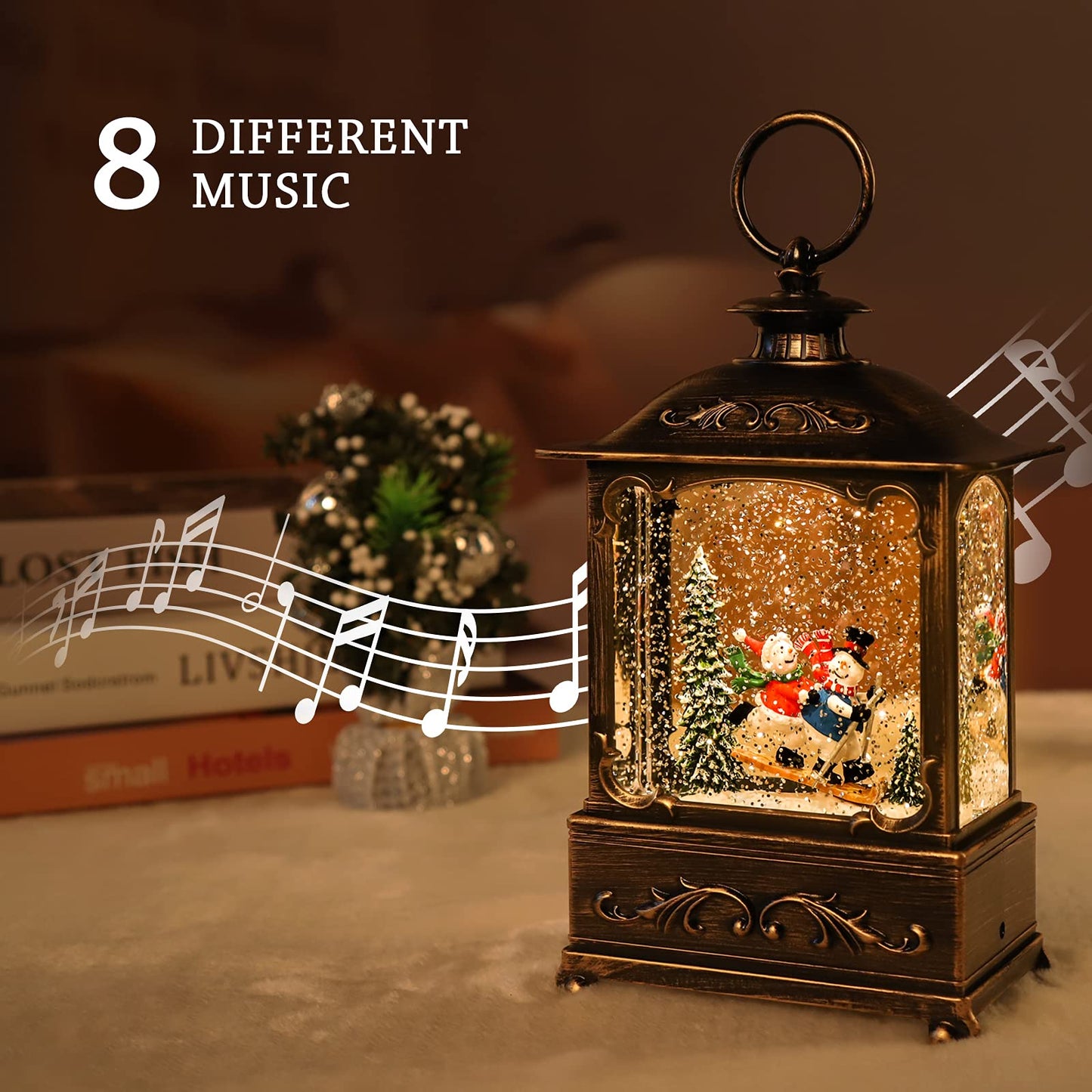 Christmas Snow Globe Lantern Christmas Decorations Water Glittering Lanterns with Music & Timer, USB Lined/Battery Operated Lighted Lantern for Christmas Festival Decoration Gifts (Skiing Snowman)