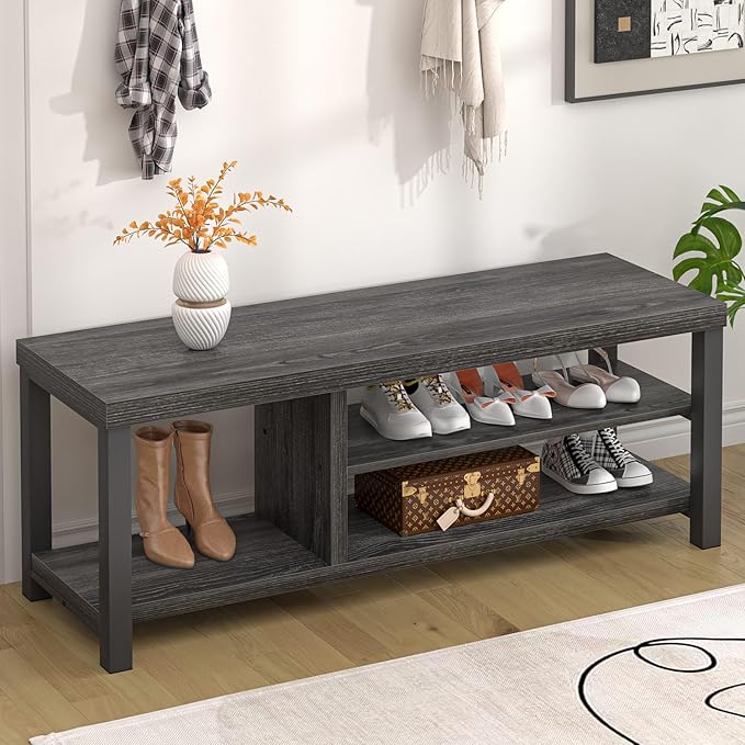 FOLUBAN Entryway Bench with Shoe Storage, Vintage End of Bed Bench, Rustic Wooden Entry Bench for Hallway Front Door Entrance, Industrial Indoor Bench for Bedroom Living Room, Dark Gray, 47 Inch