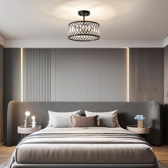 Crystal Black Ceiling Light, Modern Semi Flush Mount Ceiling Lighting Fixture, Round Hallway Lighting Fixtures Chandelier for Kitchen Entryway Bedroom Dining Room, 3-Light, 12.2 Inch