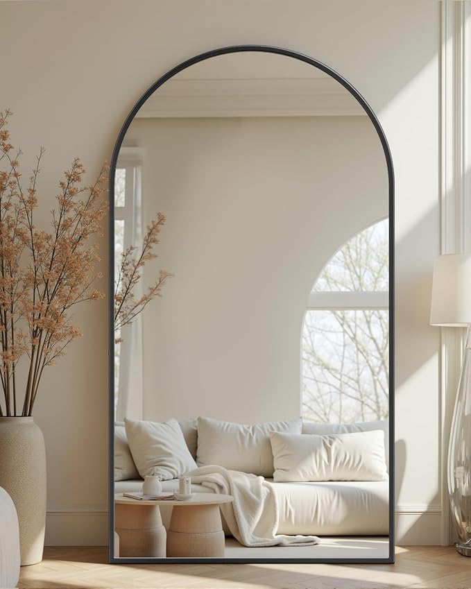 Full Length Mirror with Stand, 76"x44" Arched Full Body Mirror, Large Stand Up Mirrors, Aluminum Frame Floor Standing Mirrors, Freestanding Hanging Leaning Mounted for Bedroom Living Room Black