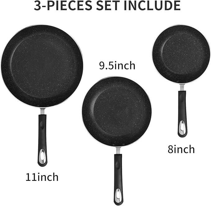 Frying Pan 3-Piece Set, Nonstick Skillet Set for Induction Cooktop, Frying Pan Nonstick 8 Inch+9.5 Inch +11 Inch (Black)