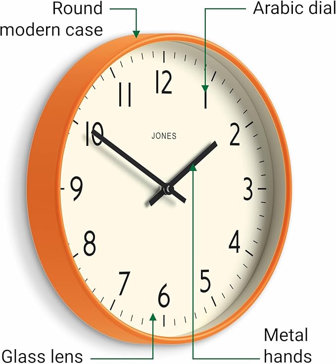 JONES CLOCKS® Studio Wall Clock | Modern Round Clock | 12 inch | Orange | Easy to Read Numbers | Versatile Design for Kitchen, Living Room or Office
