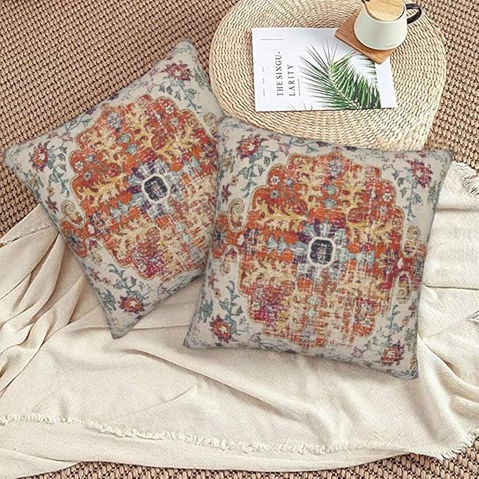 Blue Burnt Orange Boho Throw Pillow Covers 20x20 Set of 2, Farmhouse Carpet Ethnic Decorative Pillow Covers Bohemian Rustic Cushion Cases Linen Gifts for Couch Sofa Indoor Outdoor