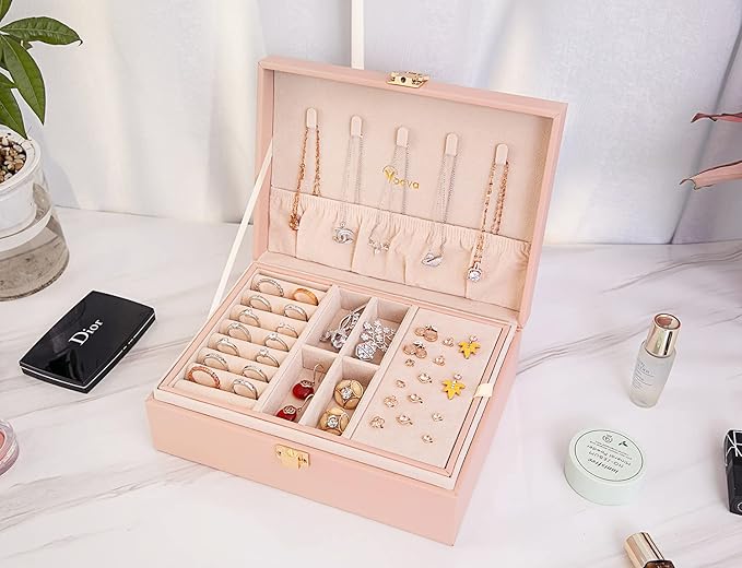 Voova Jewelry Box Organizer for Women Girls, 2 Layer Large Men Jewelry Storage Case, PU Leather Display Jewellery Holder with Removable Tray for Necklace Earrings Rings Bracelets, Vintage Gift, Pink