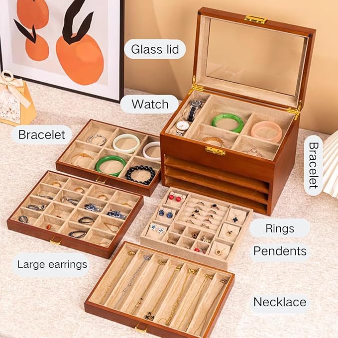 Bescott 5 Layer Solid Wooden Jewelry Box with Lock and Key for Women Men Vintage Velvet Wood Jewelry Organizer Storage for Earrings Rings Necklaces Bracelet Watch Mother’s Day Gift