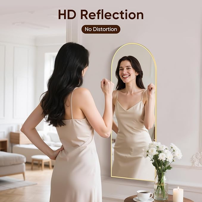 Arched Full Length Mirror 64"x21", Gold Tempered Glass Wall Hanging Mounted Body Length Mirrors with Stand, Large Floor Aluminum Alloy Thin Frame