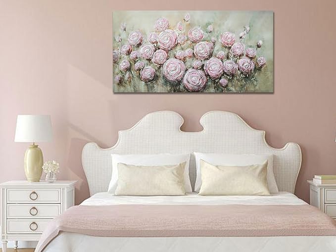Arjun Pink Rose Wall Art Flower Canvas Painting 3D Textured Floral Silver Grey Artwork Living Room Modern Abstract Petals Tranquil Framed for Bedroom Home Office Wall Decor, Large Size 48"x24"