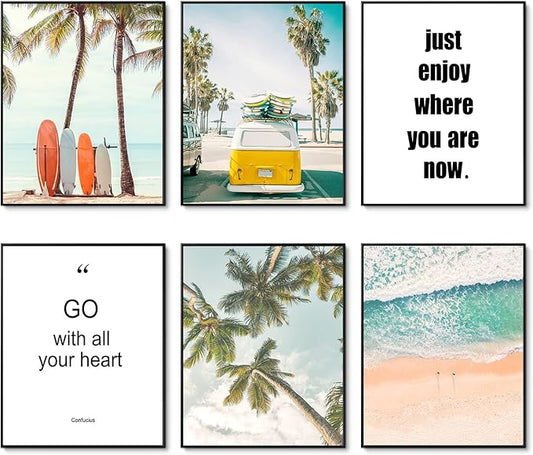 HoozGee Beach Wall Art Prints Set of 6 Summer Seascape Palm Poster Wall Decor Nature Landscape Coastal Surf Art Prints Pictures Photography Photos Print on Canvas Wall Decor (8"x10" UNFRAMED)