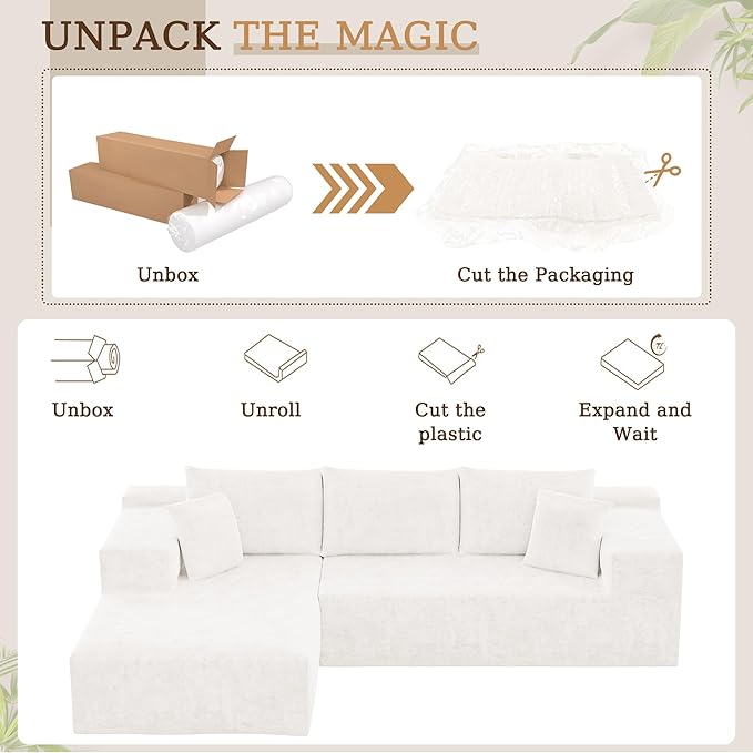 YESHOMY Sectional Couch, 108" Boneless Couches for Living Room, Modular Sectional Sofa with Deep Seat, Cloud Comfy Couch with L-Shape Chaise, No Assembly Required (Chenille, Pearl Cream)