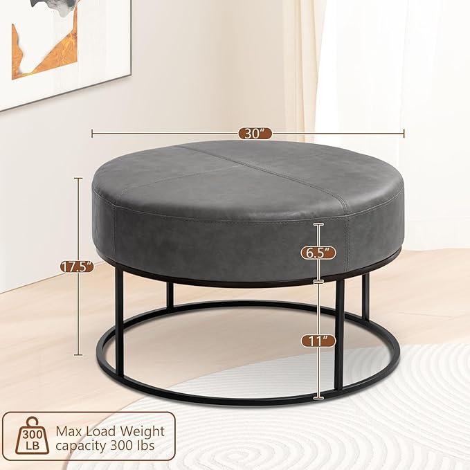 BALLIAA Modern Round Coffee Table, Farmhouse Ottoman for Living Room, Large Vintage Leather Coffee Tables with Leather Upholstered Padded Seat [Round, Vintage Gray, 30'']