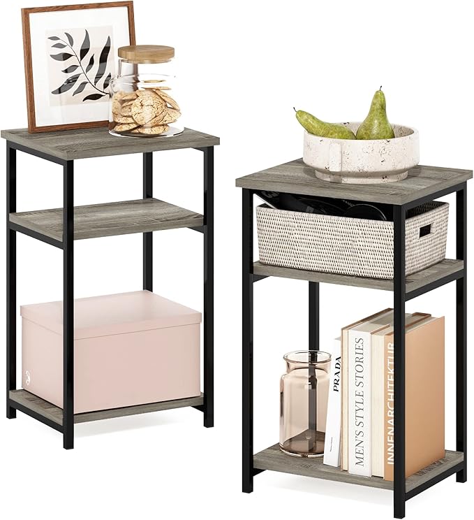 Furinno Just 3-Tier Metal Frame End Table with Storage Shelves, 2-Pack, French Oak