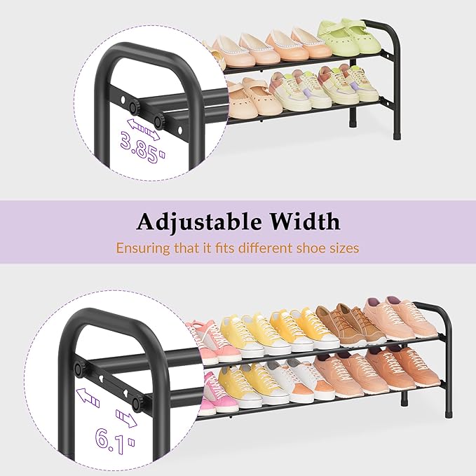 2 Tier Shoe Rack, Shoe Organizer for Closet, 28“ Metal Shelf Can Expandable to 42“, for Bedroom, Entryway, Closet, Garage, Adjustable to 12 Pairs Shoes, Black