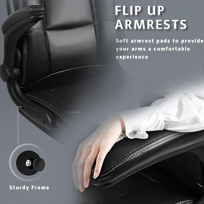 LEMBERI Flip-up Arms Office Desk Chair Big and Tall Managerial Executive Chair, High Back Computer Chair Ergonomic Adjustable Height PU Leather Chairs with Armrest for Long Time Sitting