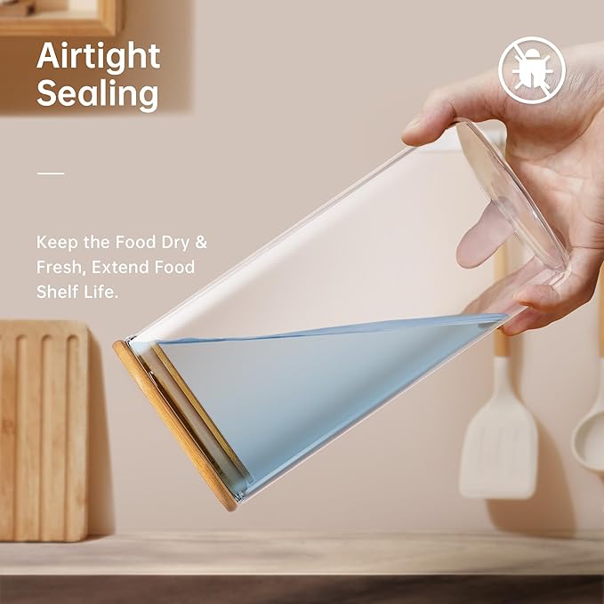 Extra Large Square Glass Flour & Sugar Storage Containers with Airtight Lids, 168oz 2 Pack Glass Jars with Bamboo Lids, Air tight Pantry Food Storage Containers for Cereal, Pasta, Rice Organizers