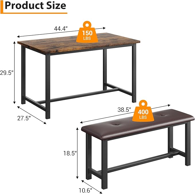 Dining Table Set for 4, Dining Room Table Set with 2 Upholstered Benches, Small Kitchen Table Set, 3 Piece Farmhouse Rectangular Dining Room Table Set, Space Saving Dining Table for Apartment