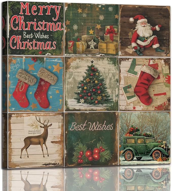 Christmas Decoration Santa Claus Canvas Wall Art Pictures Rustic Vintage Christmas Prints Posters Xmas Tree Wall Decor Aesthetic Merry Christmas Sign for Home Living Room Bedroom Bathroom Holiday Decoration Gifts 12x12inch