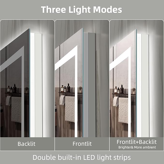 LED Mirror for Bathroom, 72x40 Inch Backlit + Front Lighted Bathroom Vanity Mirror with Lights for Wall, Double Light Strips, 3 Colors, Shatter-Proof, Anti-Fog and Brightness Memory
