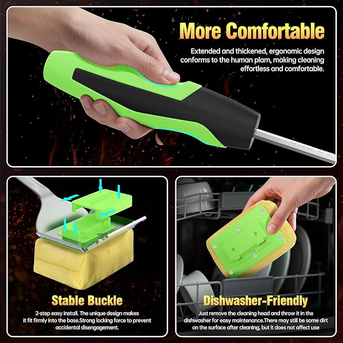 Grill Brush Bristle Free for Outdoor Grill, Steam Grill Cleaning Brush Replaceable BBQ Cleaner Brush Head,Extended Handle, Safe Grill Brush with Scraper for Cast Iron Stainless-Steel Grates,Green