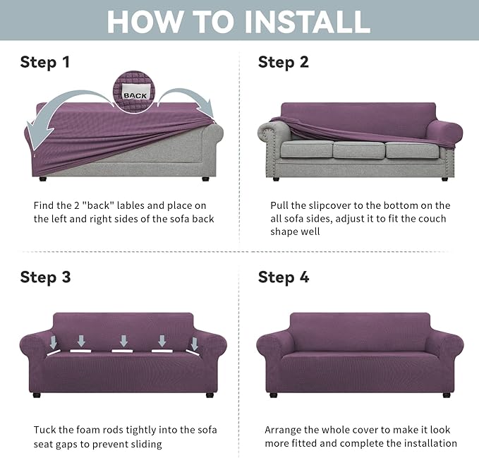 LURKA Stretch Oversized Sofa Slipcovers 1 Piece Couch Covers for 3 Cushion Couch Sofa Furniture Protector Full Sofa Covers with Elastic Bottom for Kids and Pet (X-Large,Purple)