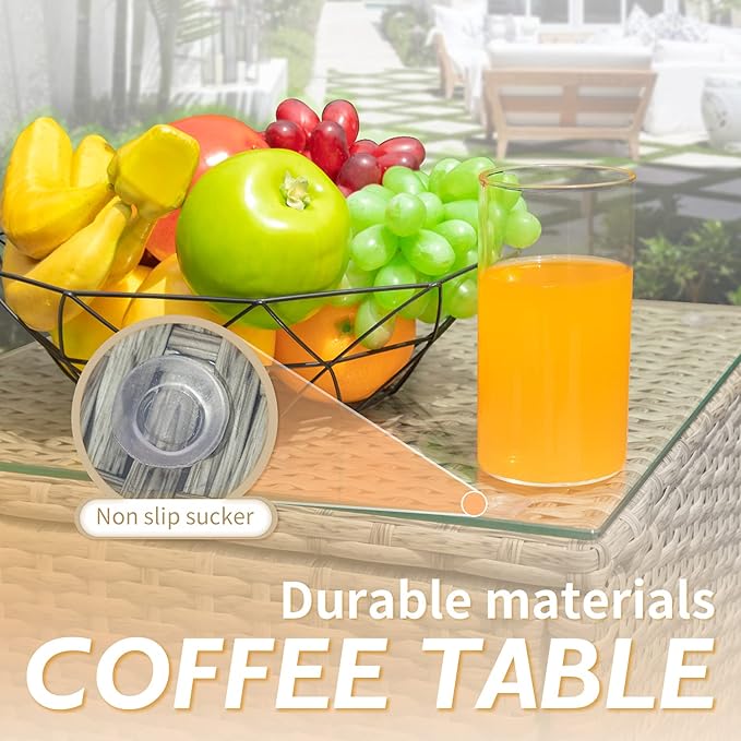 Greesum 3 Pieces Patio Furniture Sets Outdoor PE Rattan Wicker Chairs with Soft Cushion and Glass Coffee Table for Garden Backyard Porch Poolside, Gray and Beige