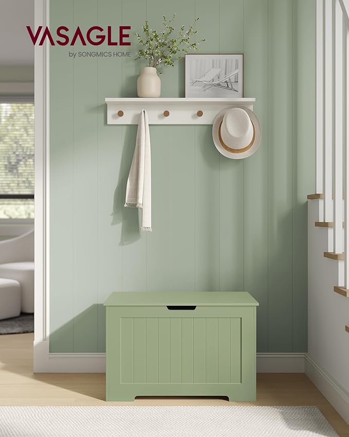 VASAGLE Storage Chest, 29.9 Inches Width Storage Bench, Entryway Bench with 2 Safety Hinges, Shoe Bench, Farmhouse Style, for Entryway, Bedroom, Living Room, Laurel Green ULHS011C01