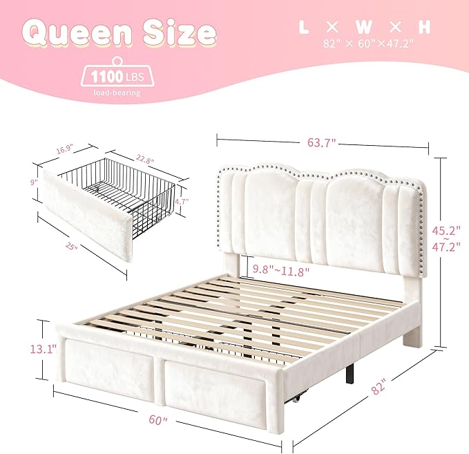EnHomee Queen Bed Frame with LED, Velvet Upholstered Cloud Headboard and Drawers, Bed Frame Queen Size with Height Adjustable Headboard, Solid Wooden Slats, No Box Spring Needed, Easy Assembly, Cream