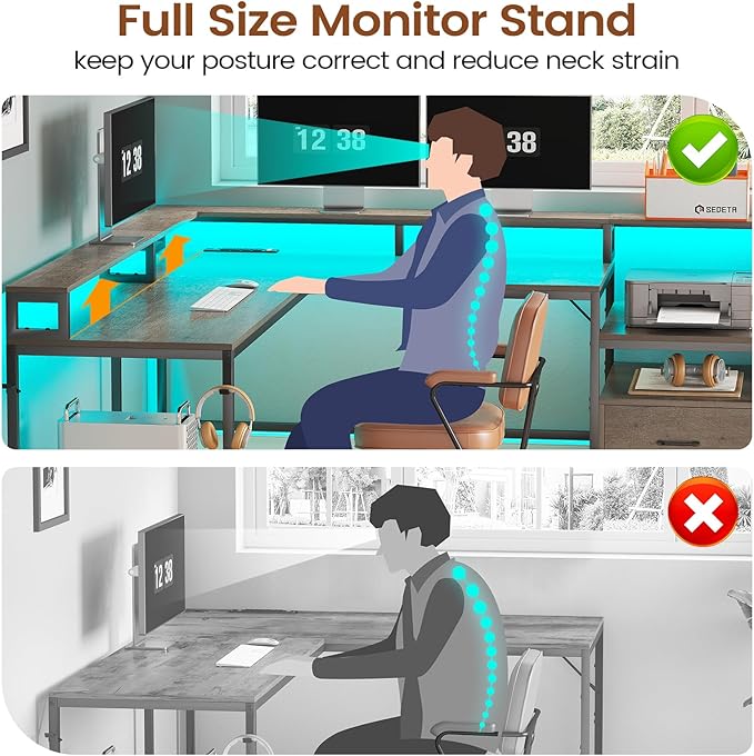 SEDETA L Shaped Desk, 66" Home Office Desk with File Drawer and Power Outlet, Corner Computer Desk with Monitor Shelf, Printer Storage Shelves, Gaming Desk with Led Lights, Two Person Desk, Walnut