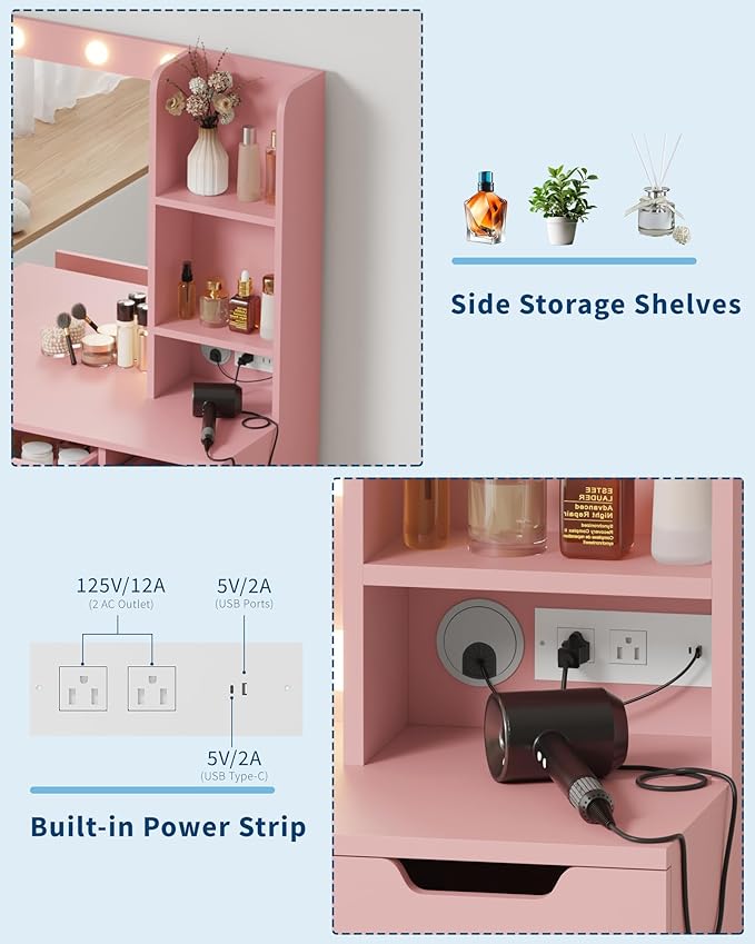 Garvee Vanity Desk with Mirror and Lights - Makeup Vanity Desk with 4 Drawers, Built-in Power Outlet & USB, Adjustable LED Lighting, Makeup Table for Bedroom (Pink)