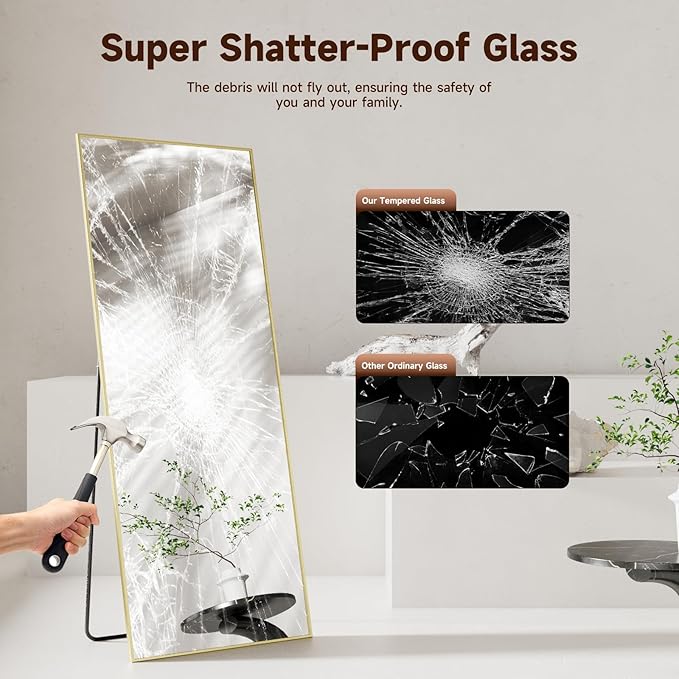 56"x15" Full Length Mirror, Gold Tempered Glass Rectangle Floor Standing Mirrors, Wall Mounted Hanging Aluminum Alloy Frame Bedroom Floor