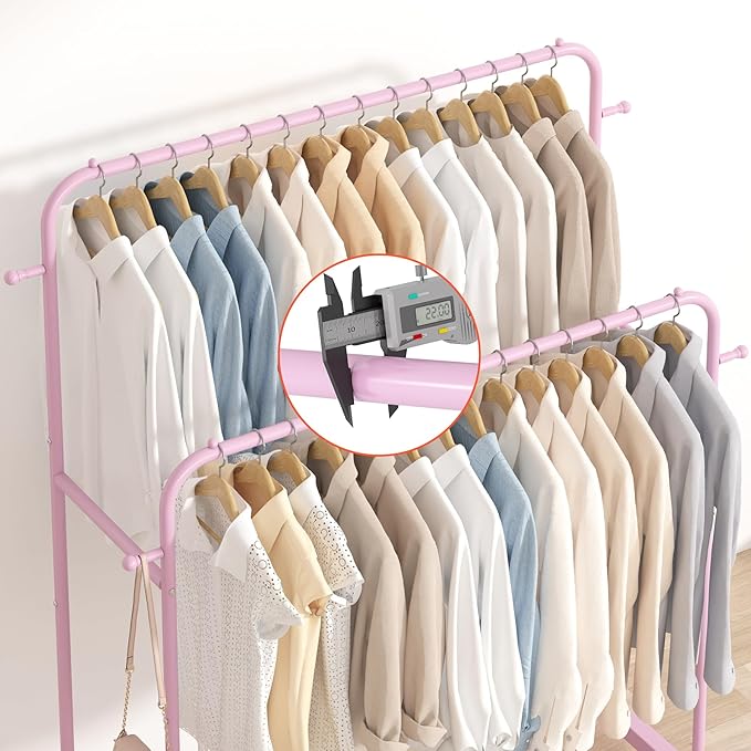 Laiensia Double Rods Garment Rack with Wheels, Clothing Rack for Hanging Clothes,4 Hooks, Multi-Functional Bedroom Clothes Rack, Pink