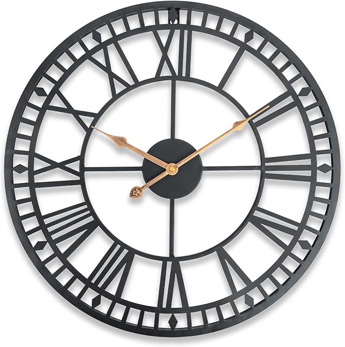 18 Inch Wall Clock for Living Room Decor, Silent Non-Ticking Battery Operated Metal Wall Clock, Indoor Outdoor Clocks with Roman Numerals, Black
