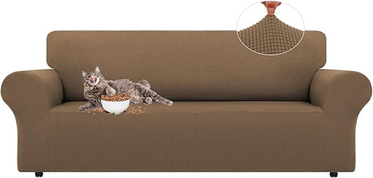 LURKA Stretch Sofa Slipcovers 1 Piece Couch Covers for 3 Cushion Couch Sofa Furniture Protector Full Sofa Covers with Elastic Bottom for Kids and Dog (Camel, Large)