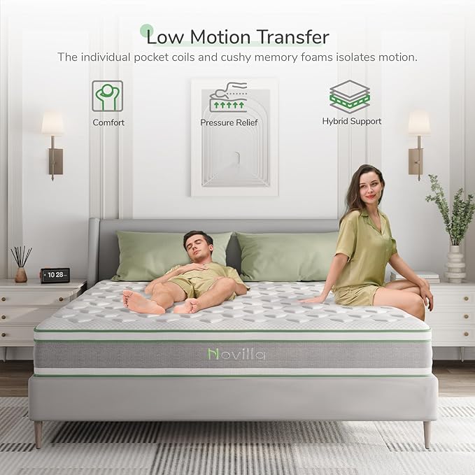 Novilla King Size Mattress，12 Inch Gel Memory Foam & Pocketed Coils with Motion Isolation for Refreshing Sleep, Medium Firm Feel with CertiPUR-US Foam for Pressure Relief,King Mattress in a Box