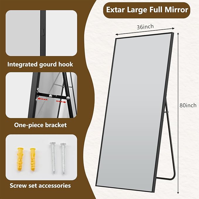 Koonmi 80"x36" Floor Mirror Full Length, Bedroom Floor Body Mirror with Stand, Large Black Mirror, Leaning, Standing or Hanging Horizontally/Vertically