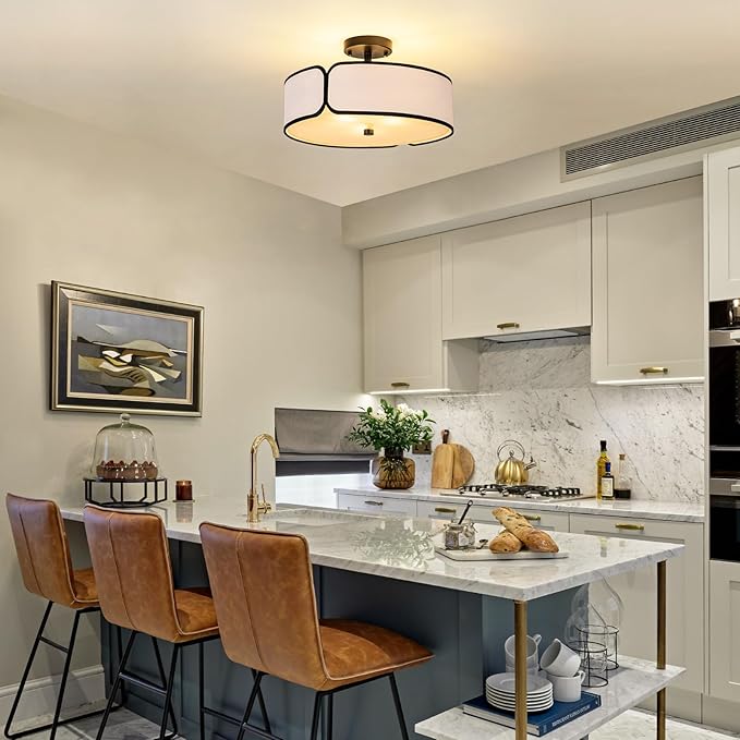 16" Semi Flush Mount Ceiling Light - 3 Lights Drum Light Fixture with Black Border White Fabric Shade, Farmhouse Close to Ceiling Light for Bedroom Living Dining Room Foyer and Hallway