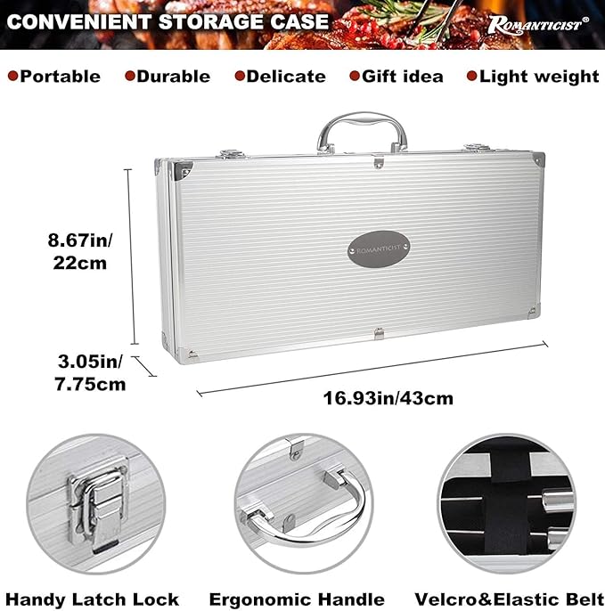 ROMANTICIST 28pcs BBQ Accessories Set with Thermometer - The Very Best Grill Gift on Birthday Wedding - Heavy Duty Stainless Steel Grill Set in Case for Outdoor Cooking Camping Grilling Smoking