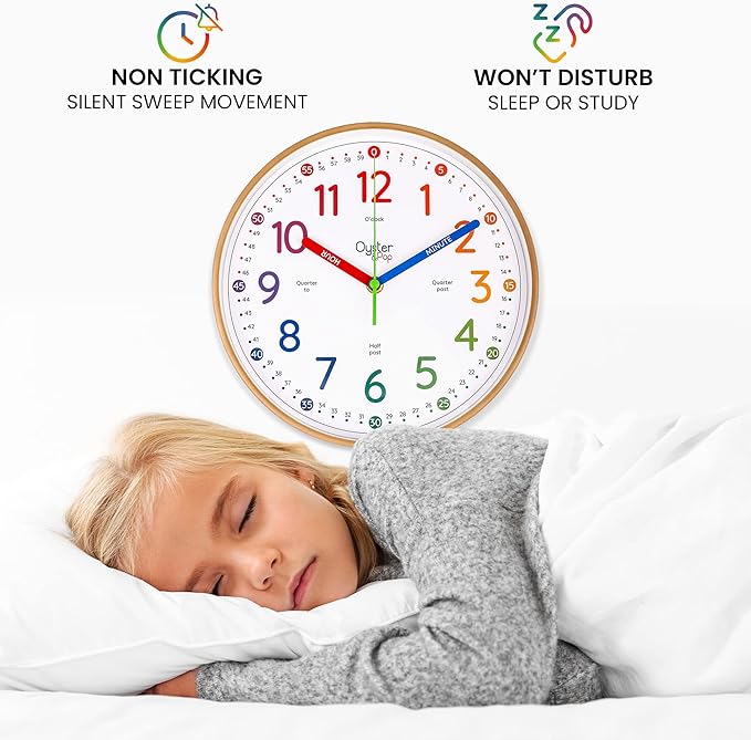 Oyster&Pop Kids Learning Wall Clock - Silent Non-Ticking Analog 10 Inch Teaching Clock for Classrooms & Bedrooms - Makes Telling Time Easy for Kids