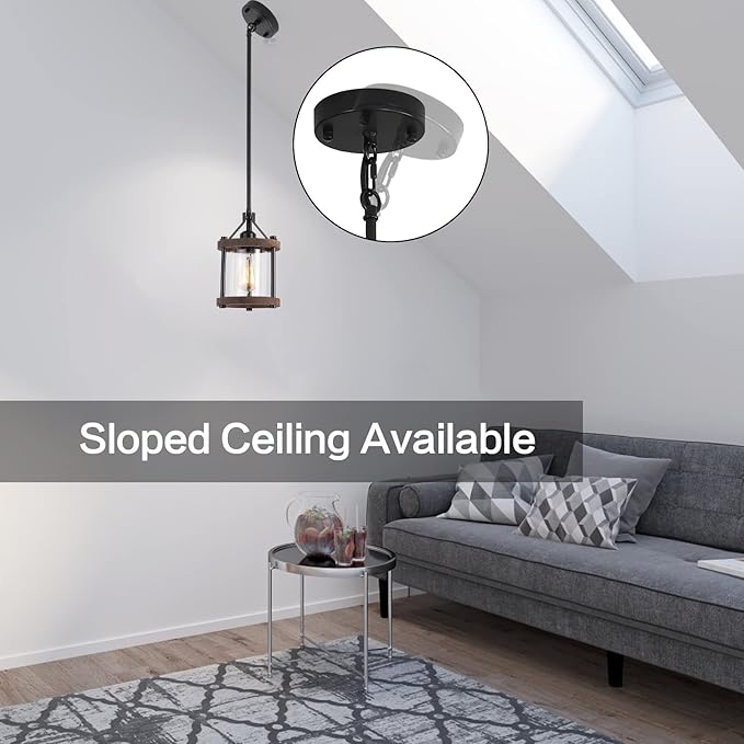 SGLfarmty Farmhouse Pendent Lights for Kitchen Island, Rustic Black and Wood Light Fixtures with Glass, Bronze Pendant Lamps Over Table, Chain Hanging Light for Dining Room, Sink, Bar, 1 Pack