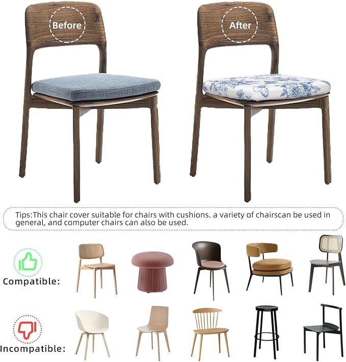 Blue White Floral Butterfly Flower French Office Computer Chair Seat Covers Set of 1, Soft Stretch Rotating Desk Chair Seat Cushion Protectors