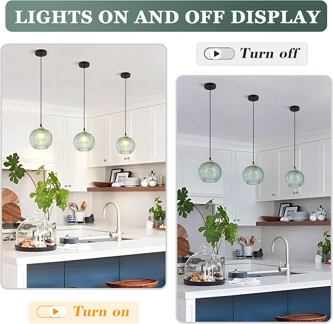 KCO Lighting Single Green Glass Pendant Light Large Globe Pendant Lighting Nordic Ribbed Ceiling Hanging Chandelier Light Vintage Dining Room Kitchen Island Light Fixture