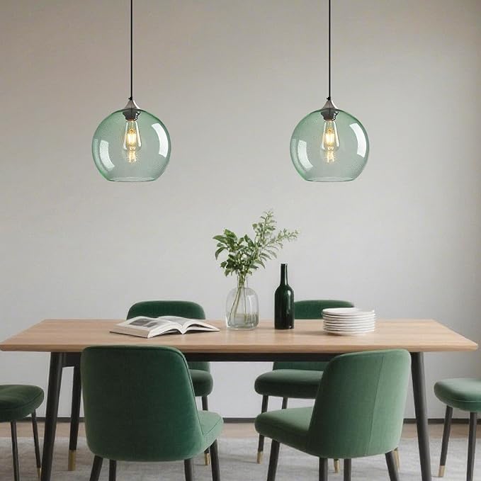 Light Green Glass Pendant Lights Kitchen Island Globe Pendant Light Fixtures Modern Pendant Lighting for Bedroom Living Dining Room Light Fixture (9.84 in, 2 Pack)