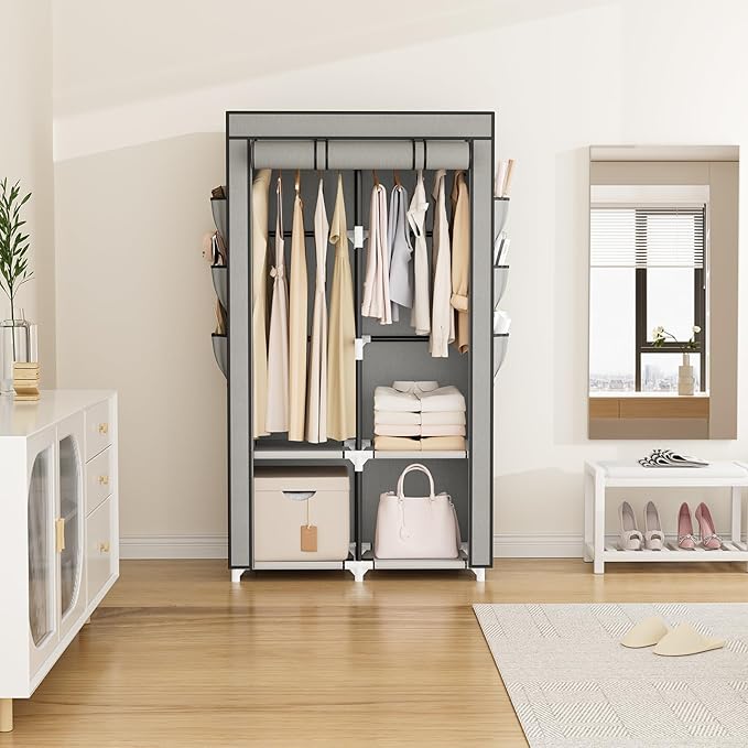 VTRIN Portable Closet Wardrobe for Hanging Clothes with 4 Storage Shelves, 2 Hanging Rods and 6 Pockets, Stable and Easy Assembly Clothes Rack with Cover Free Standing Closet for Bedroom, Grey