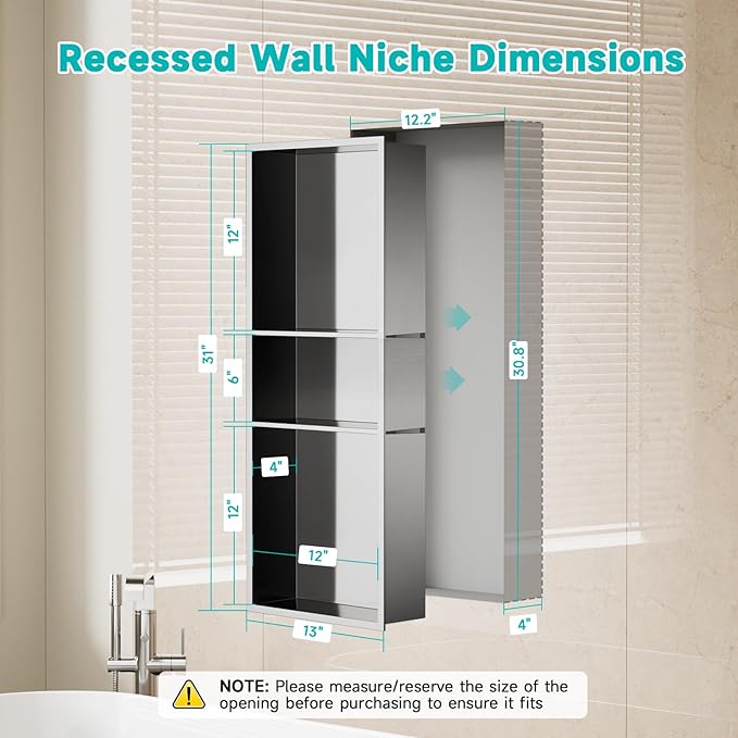 Stainless Steel Shower Niche 12" x 30" – Recessed Wall Niche with 3-Tier Storage, Waterproof & Rustproof Modern Bathroom Shower Shelf (Brushed Nickel)