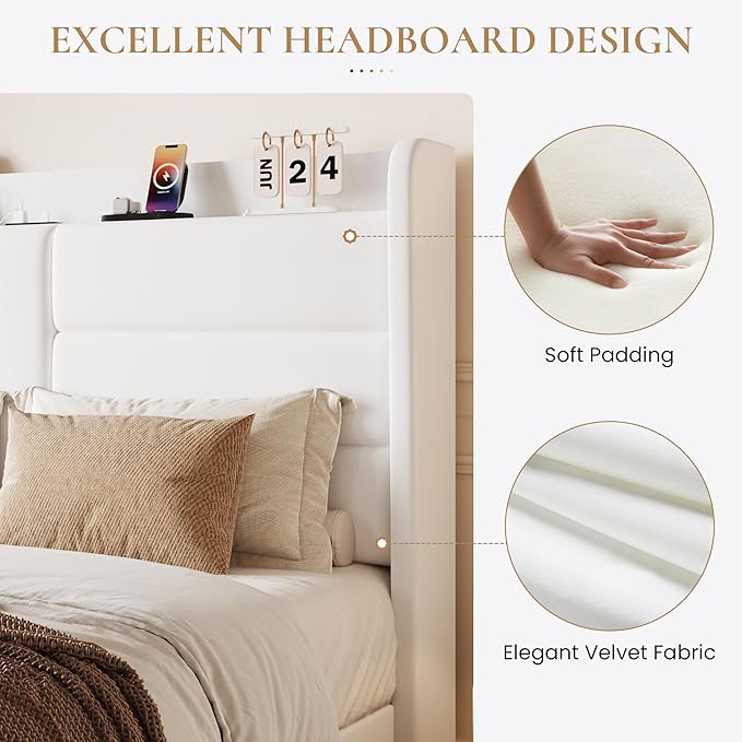 SHA CERLIN Queen Size Bed Frame with Charging Station & Storage Headboard, Velvet Platform Bed with Upholstered Modern Wingback Design, Wooden Slats Support, No Box Spring Needed, Easy Assembly, White