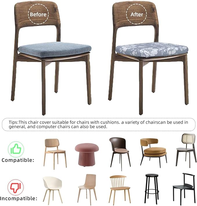 Seat Covers for Dining Room Chairsset of Set of 4, Light Blue Gray Floral Boho Stretch Chair Seat Covers Cushion Slipcovers for Kitchen Office