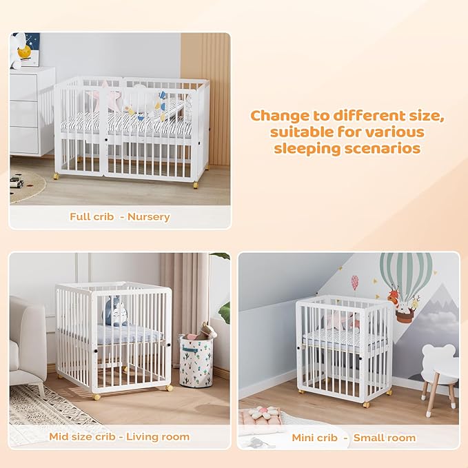 JOYMOR 8 in 1 Convertible Crib with Changer, Include 2” Mattress, Converts to Bassinet, Mid Crib, Full Size Crib, Daybed,Toddler Bed and Playard (Crib, White)