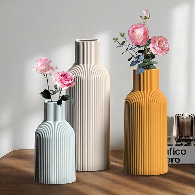 Colorful Ceramic Vases Set of 3, Colorful Ribbed Decorative Vases - Table Centerpieces for Wedding, Living Room, Office & Shelf Decor
