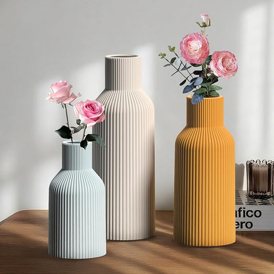 Colorful Ceramic Vases Set of 3, Colorful Ribbed Decorative Vases - Table Centerpieces for Wedding, Living Room, Office & Shelf Decor